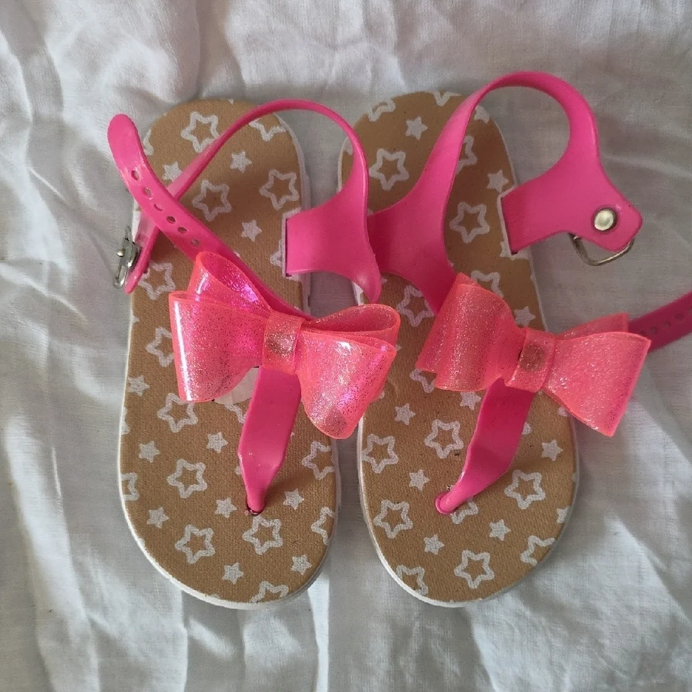 (J36) Wonder Nation Pink and Tan Sandals T-Strap Bow Design